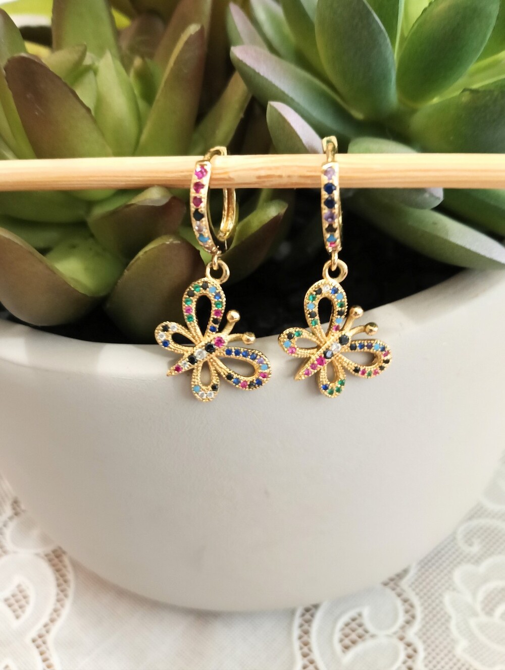NWOT Sterling 925 Gold Plated Rainbow Butterfly Huggie Hoop Earrings